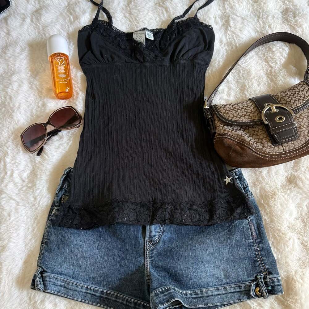 725 Originals Camisole Size XL/1G Black Lace Trim Tank Top